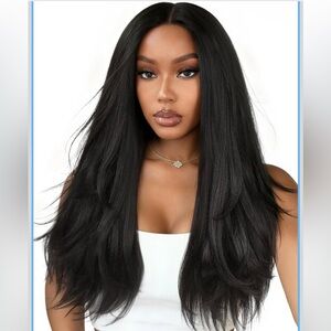 Glueless V Part Wig,26 Inch Layered Yaki Low-Maintenance Lightweight Synthetic